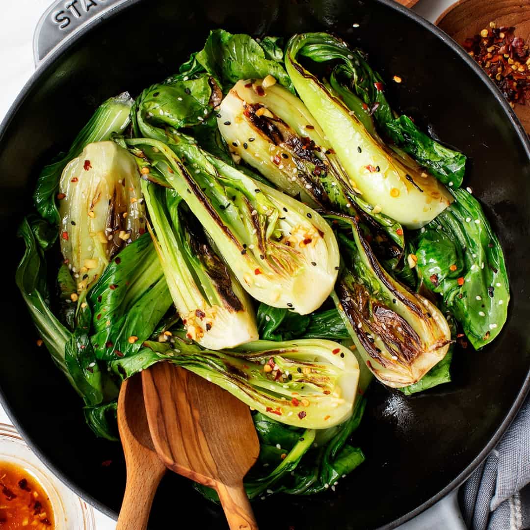 Baby bok choy in skillet