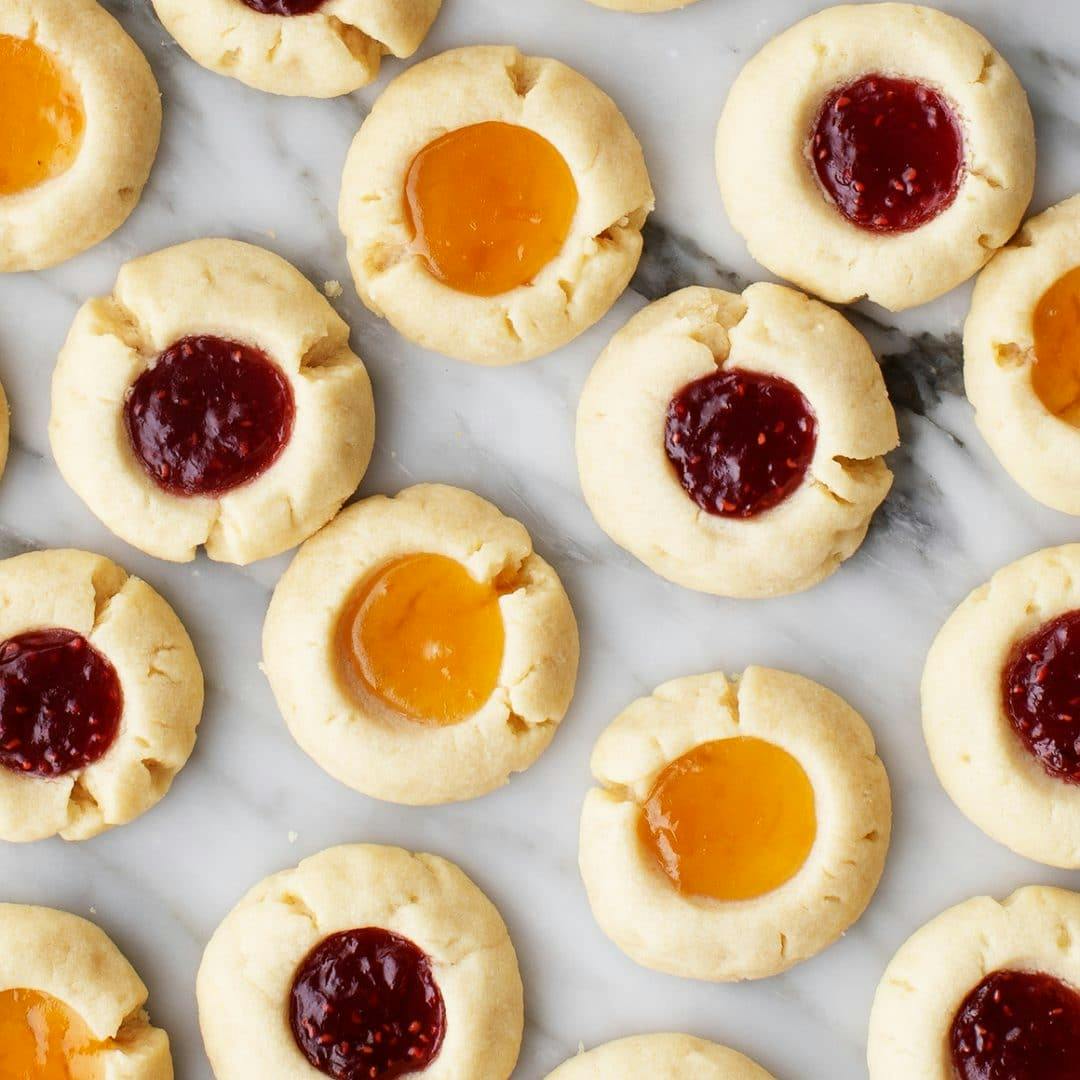 Thumbprint cookies with raspberry and apricot jam