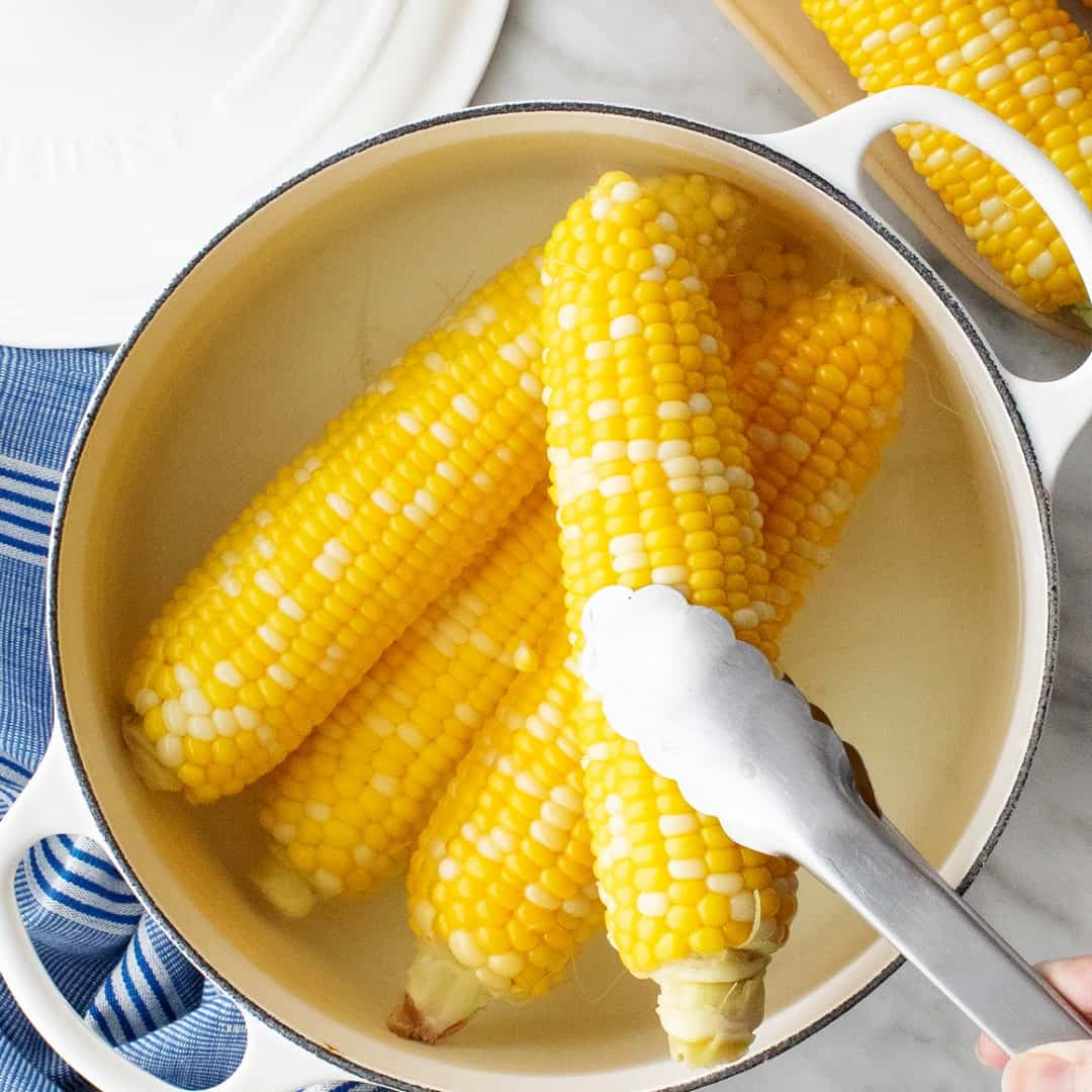 Tongs holding corn on the cob over pot of water