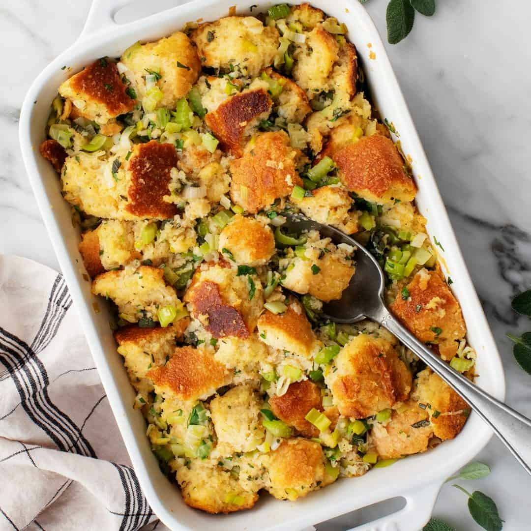 Thanksgiving stuffing in a baking dish