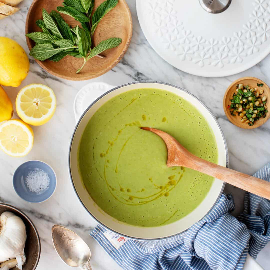 Pot of creamy asparagus soup
