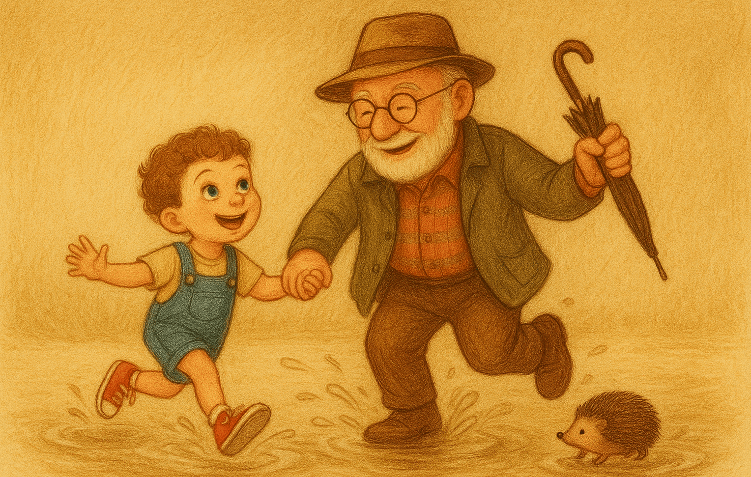 Grandpa and Leo dancing in a puddle with hedgehog