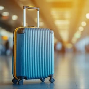 A blue carry on bag sitting in an airport terminal. 