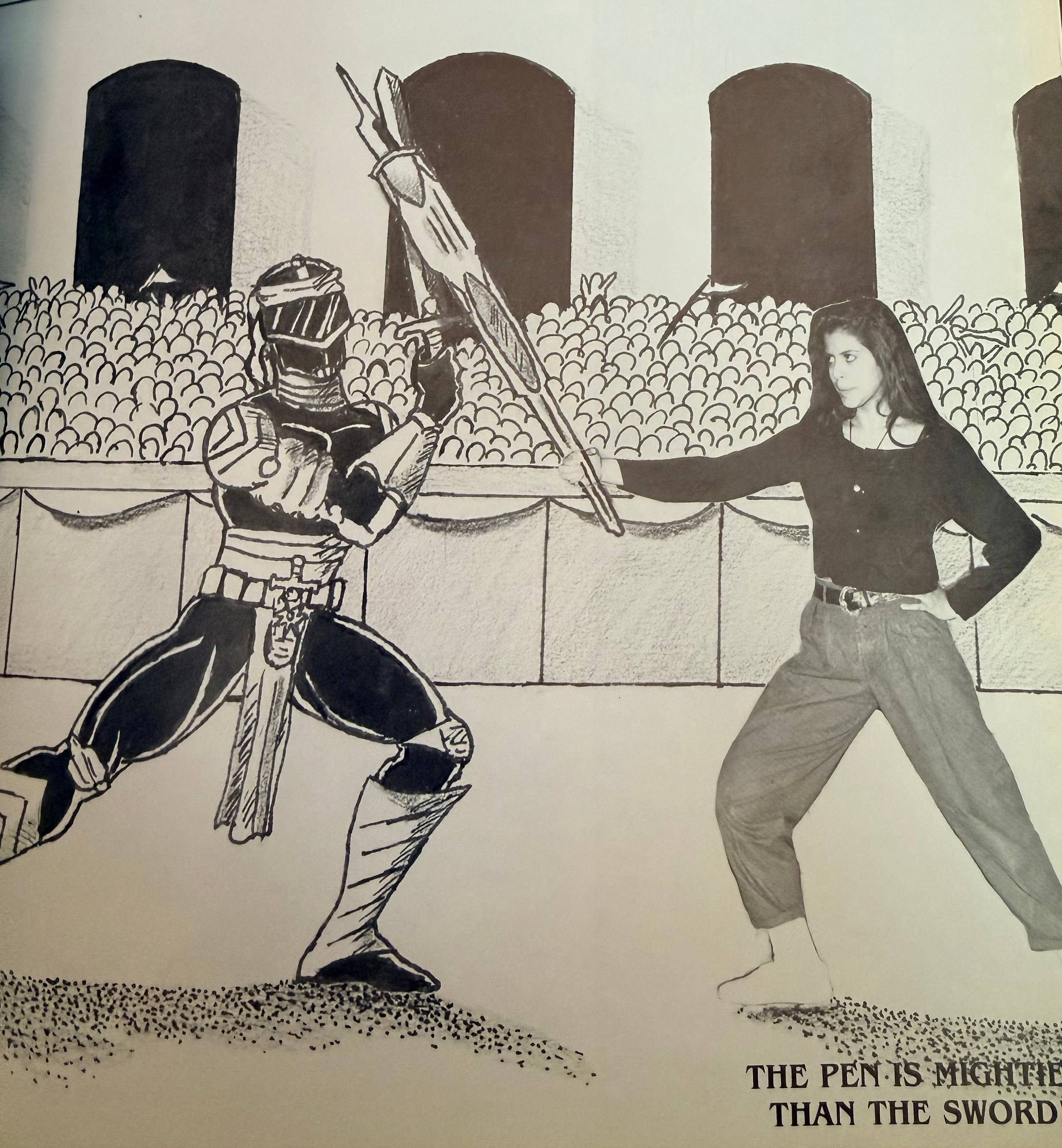 The writer, Maria Rodriguez Bross, fighting with a robot