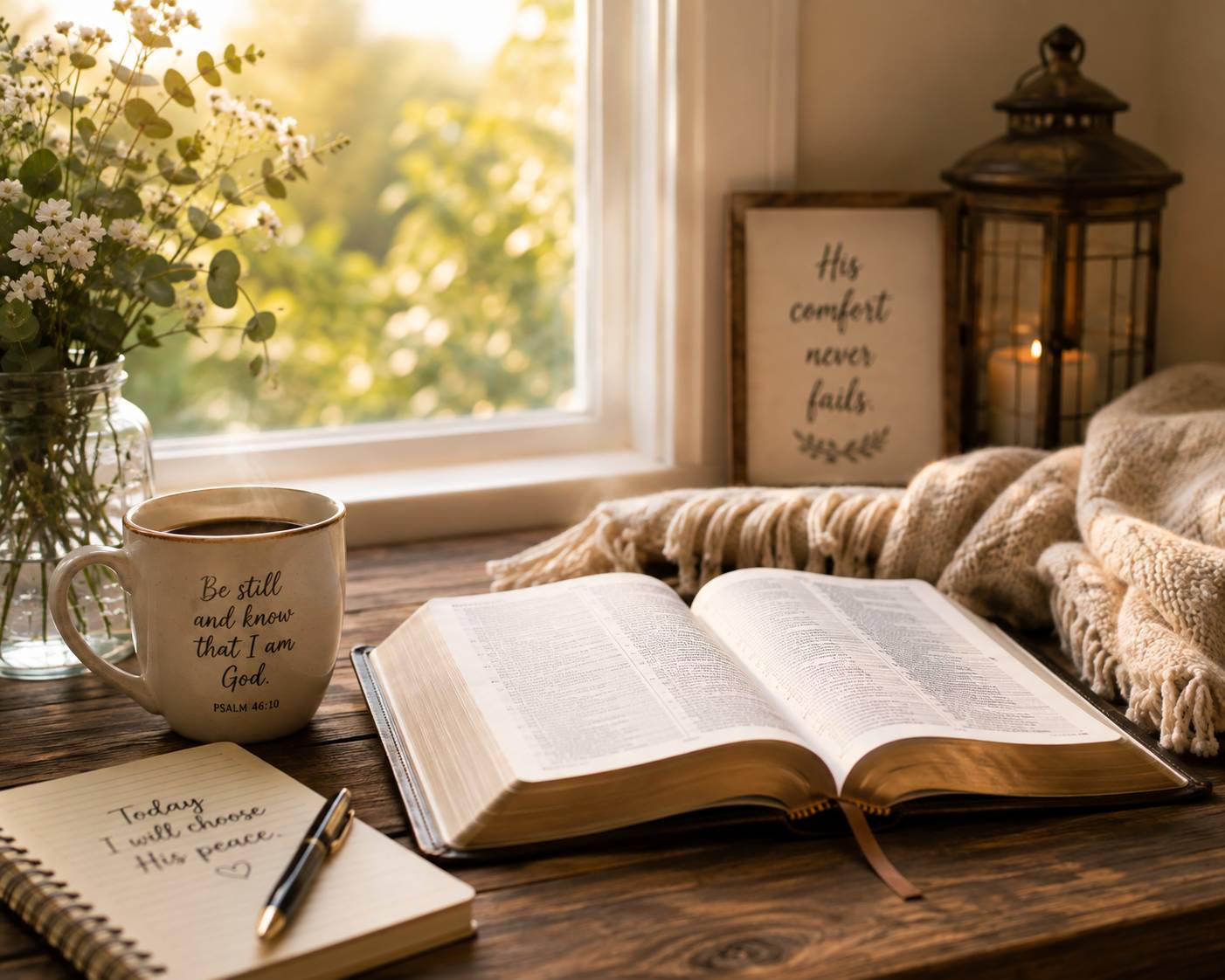 Open Bible beside a warm cup of coffee in a peaceful, sunlit setting.