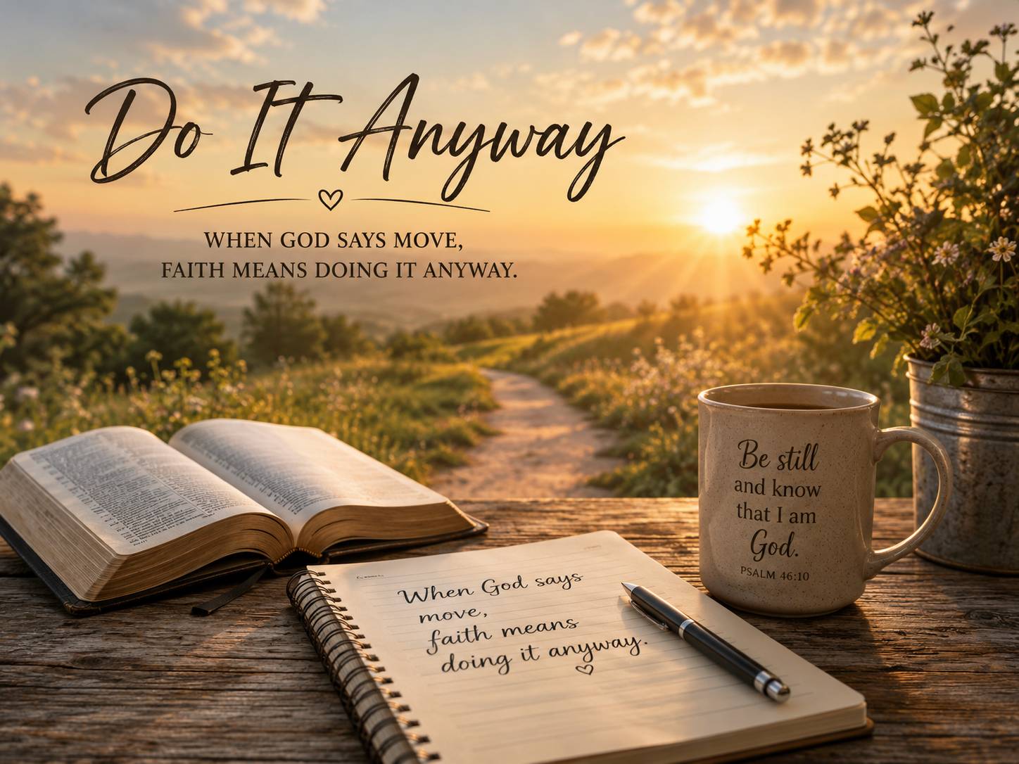 Open Bible and journal beside a sunlit path with the words “Do It Anyway.”
