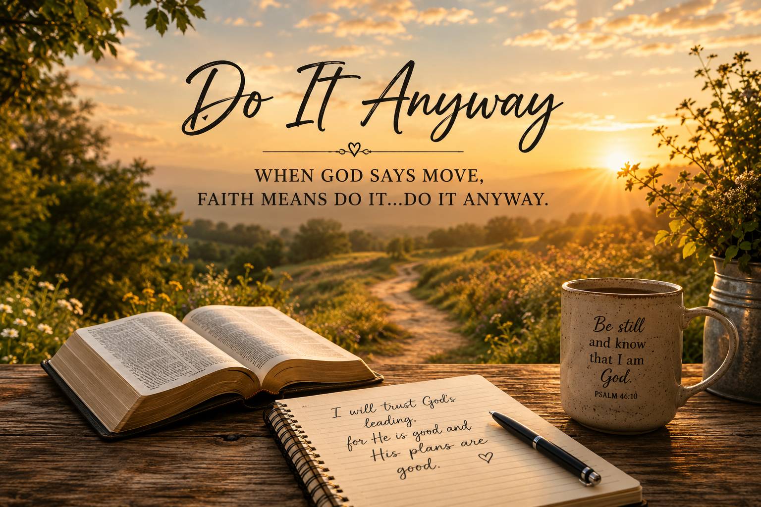 Open Bible and journal beside a sunlit path with the words, “Do It Anyway.”
