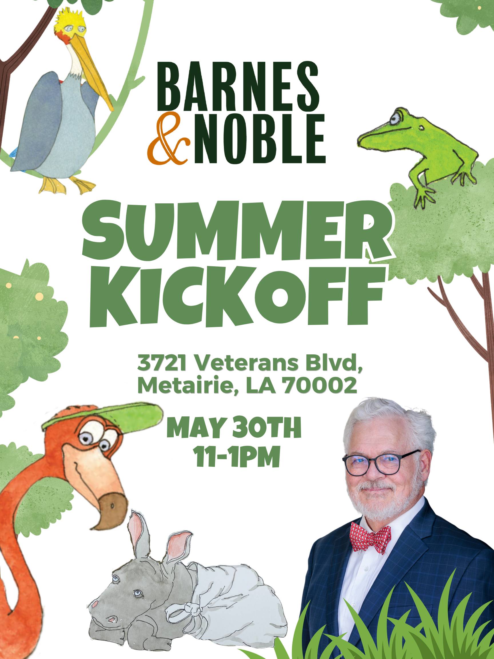 Illustrated flyer for the Barnes & Noble Summer Kickoff book signing on May 30, 11 AM-1 PM, at 3721 Veterans Blvd, Metairie, LA. Features Kevin Harris alongside cartoon illustrations of a rhinoceros, frog, ostrich, and tree from Are You a Rhinoceros?