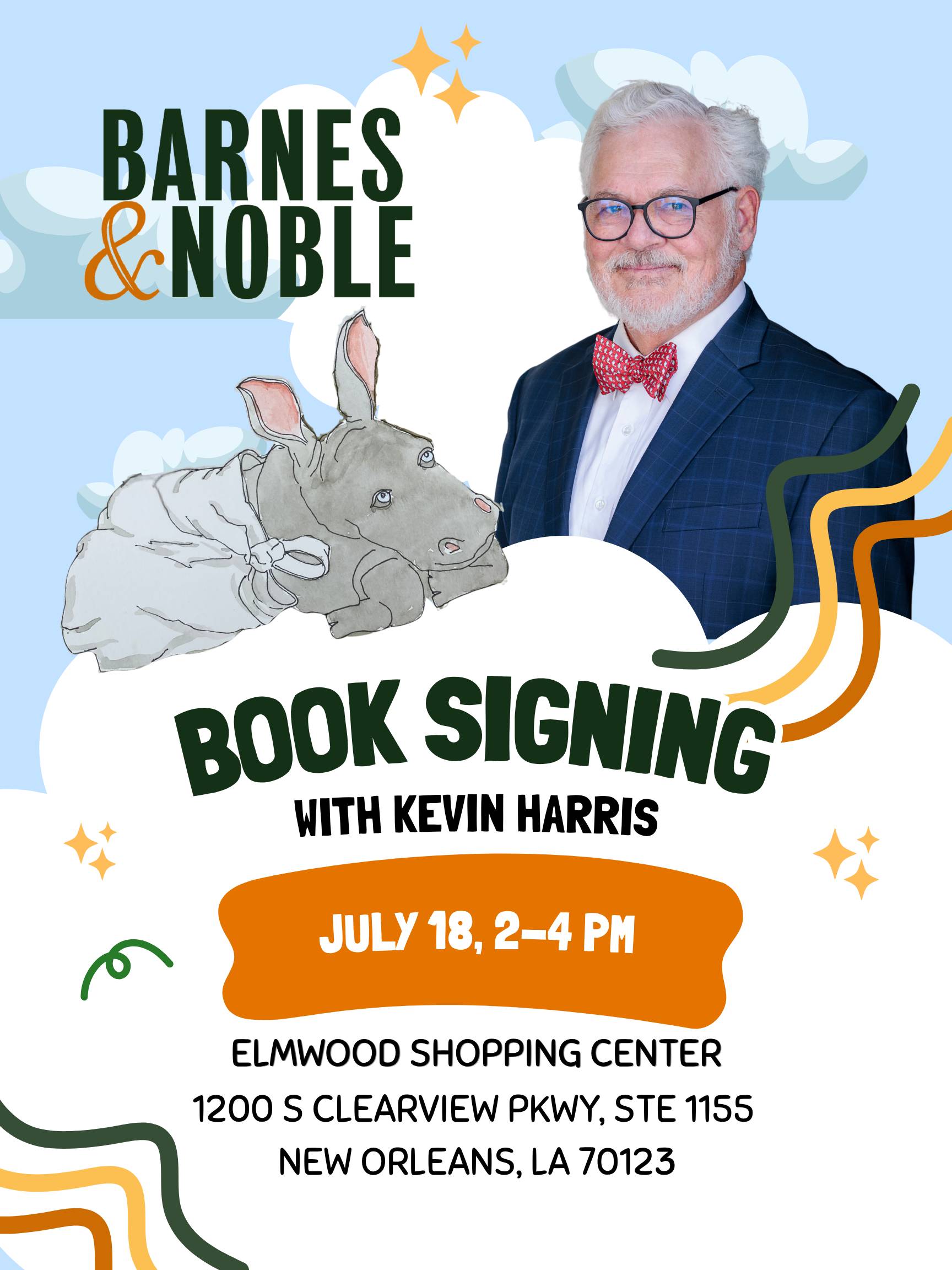 Kevin Harris book signing announcement — Barnes and Noble, Elmwood Shopping Center, New Orleans, July 18