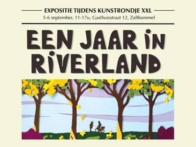 Paper cut illustration of two people under fall trees Thumbnail with information about upcoming exposition