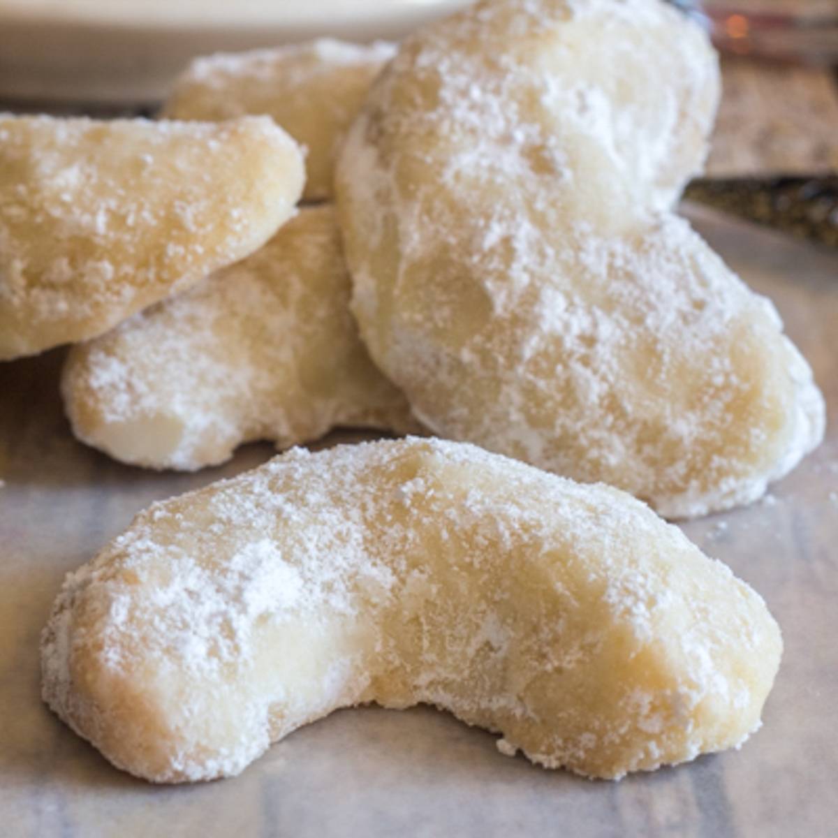 Almond Crescent Cookies on a board.