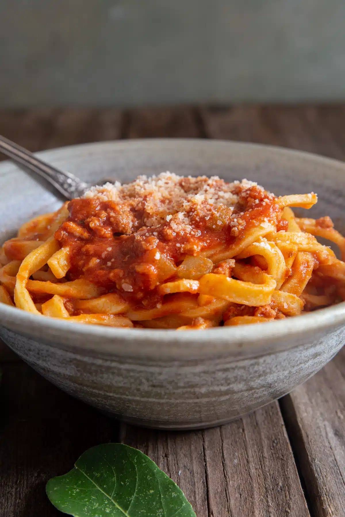 Bolognese sauce and pasta in a bowl.