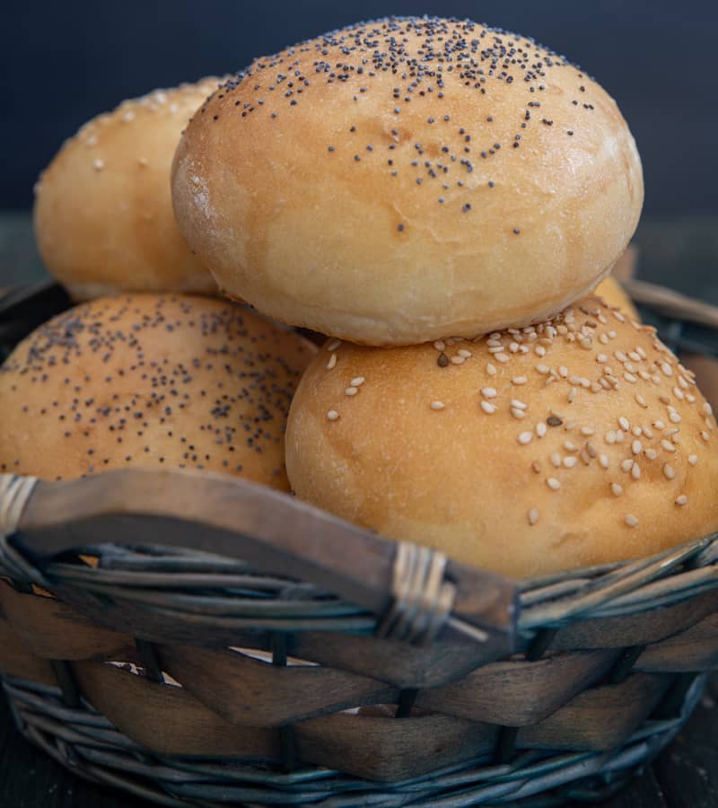 Hamburger Buns in a basket.