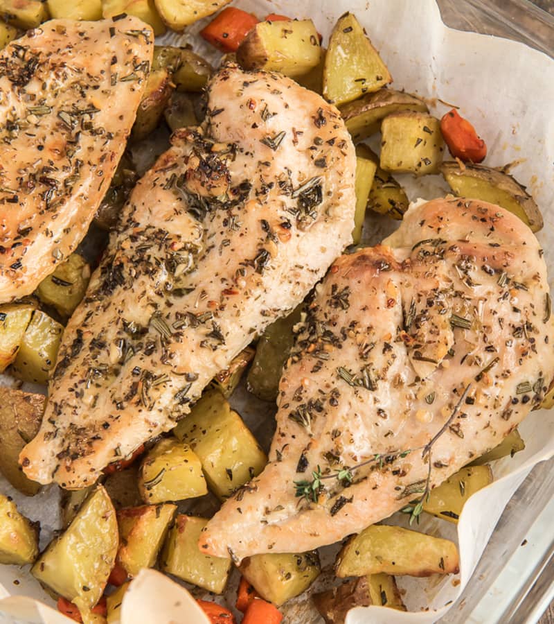 Italian herb roasted chickent pieces in a pan with potatoes.