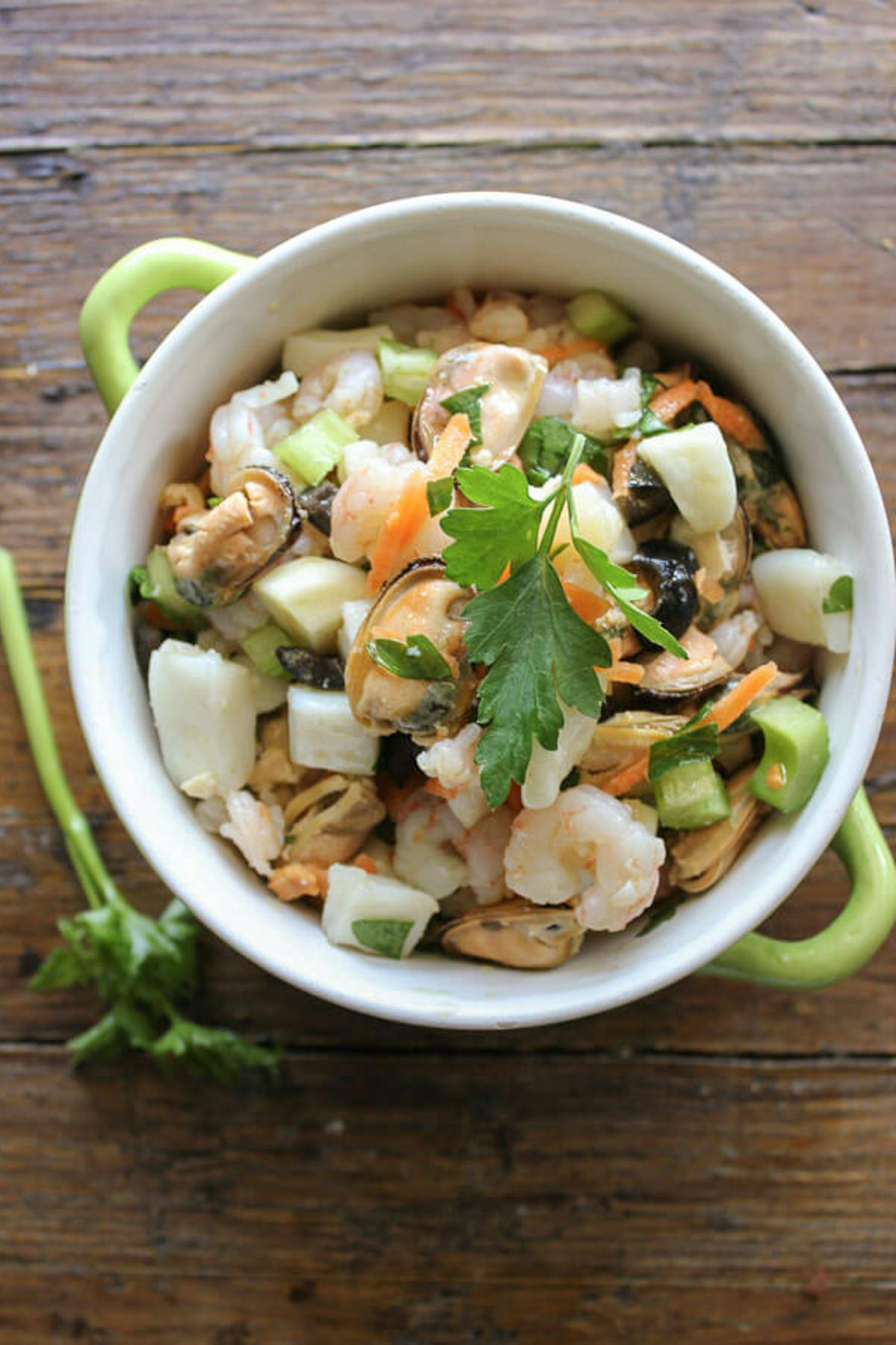 Italian seafood salad in a bowl.