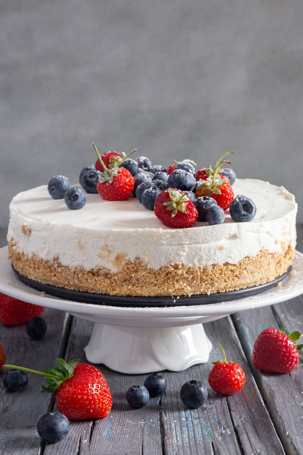 No bake greek yogurt pie on a plate.