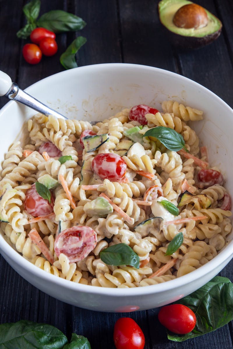 Creamy Italian Pasta Salad in a white bowl.