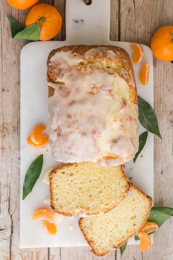 Mandarin Orange bread with 2 slices cut.