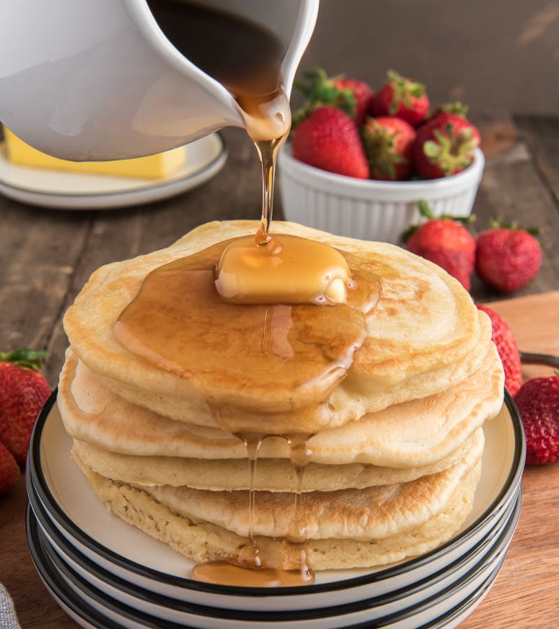 Lactose free pancakes stacked.