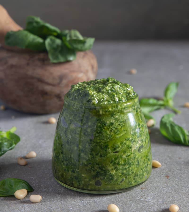 Basil pesto in a jar.