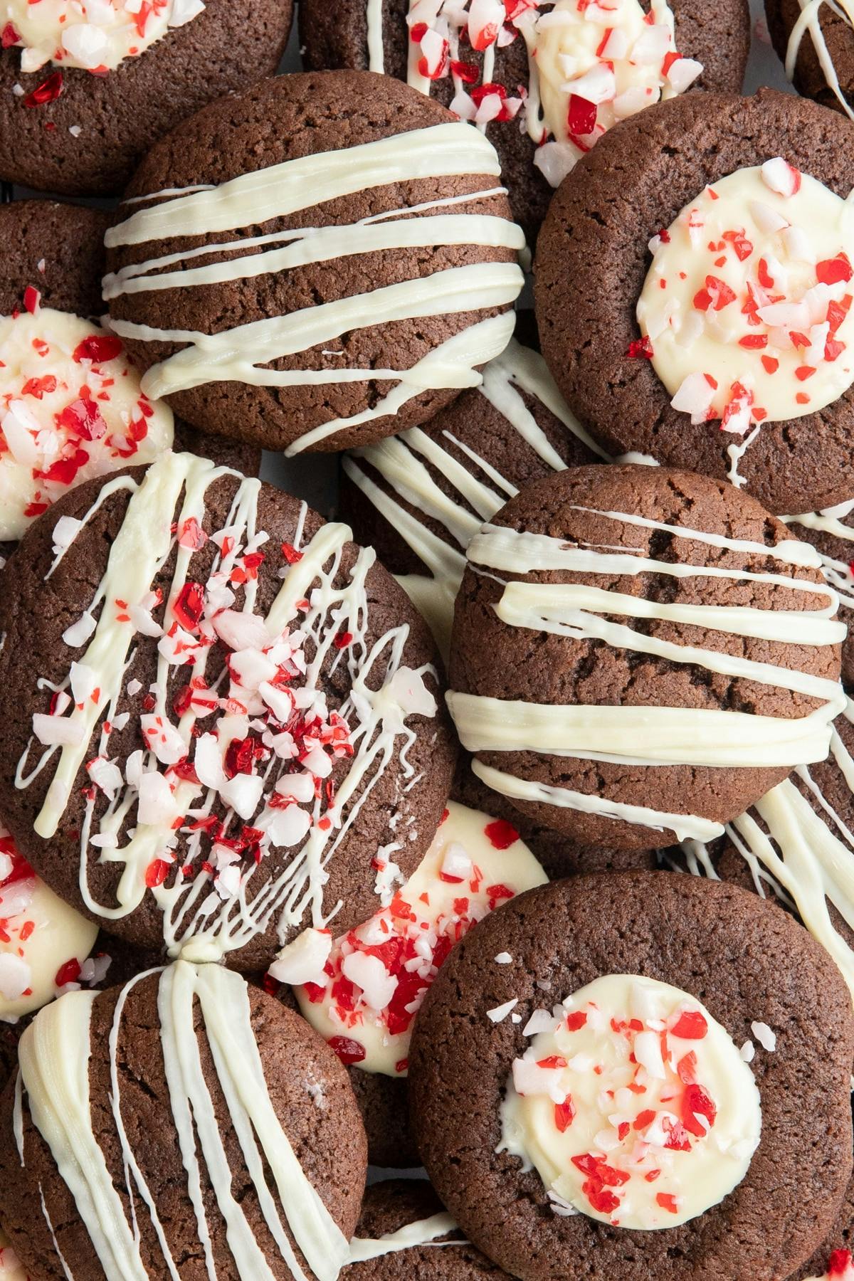 Double chocolate peppermint cookies on a wire rack.