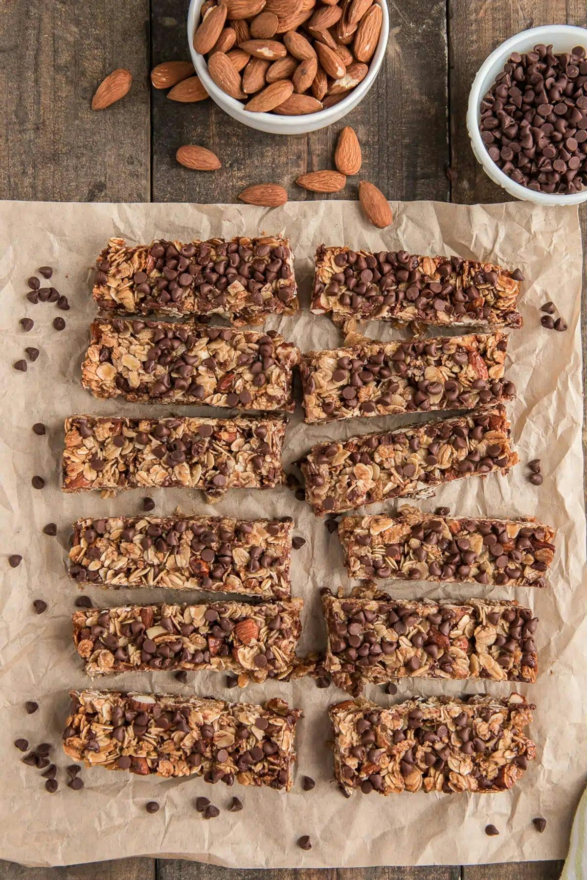 Granola bars on brown paper.