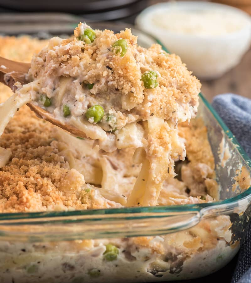 Tuna casserole on a spoon.