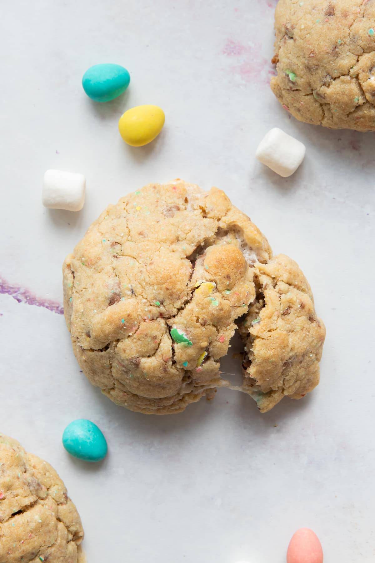 Chunky Easter cookies on a white board.