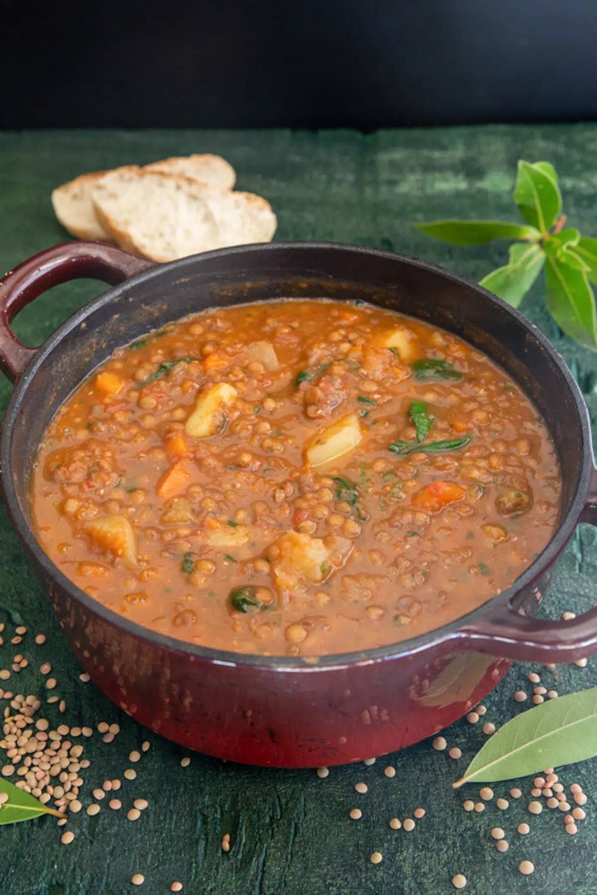 Lentil Soup in a pot.