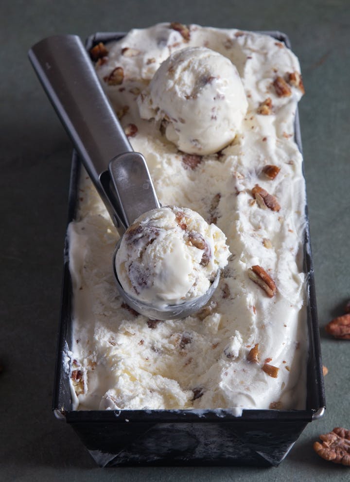 No churn butter pecan ice cream in a loaf pan.