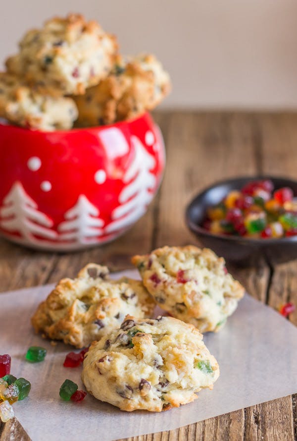 Fruitcake cookies on parchment paper.