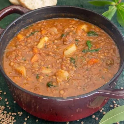 Italian Lentil Soup in a red pot.