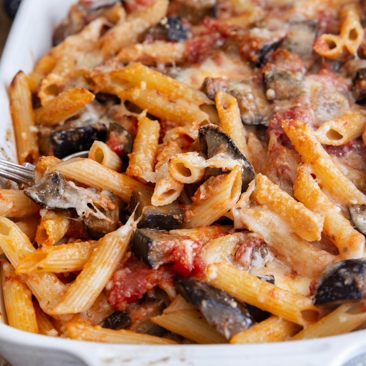 Sicilian pasta in a baking dish.