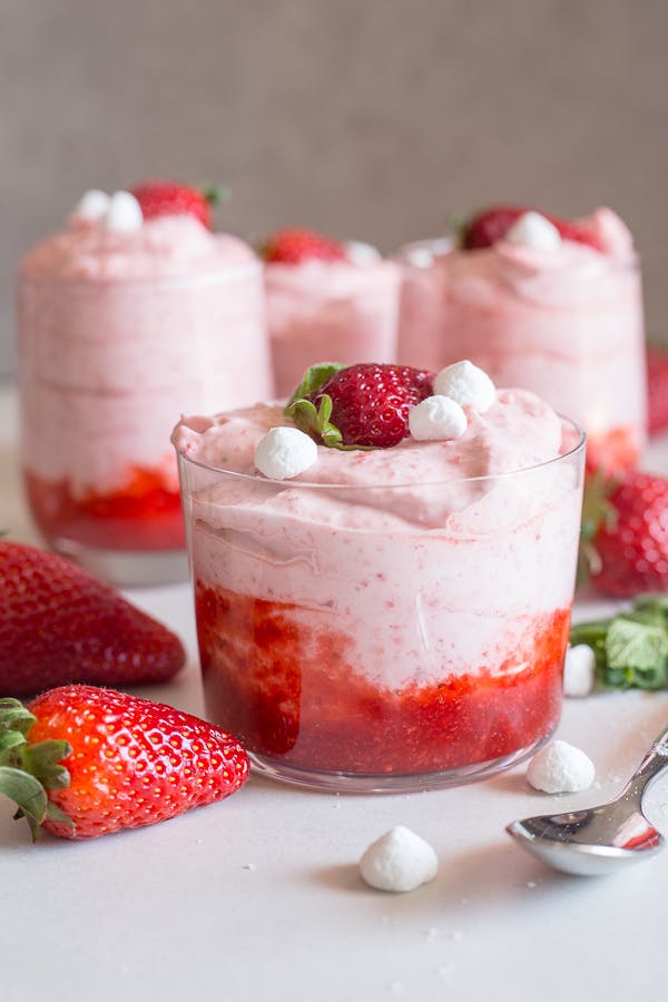 Strawberry mousse in glasses.