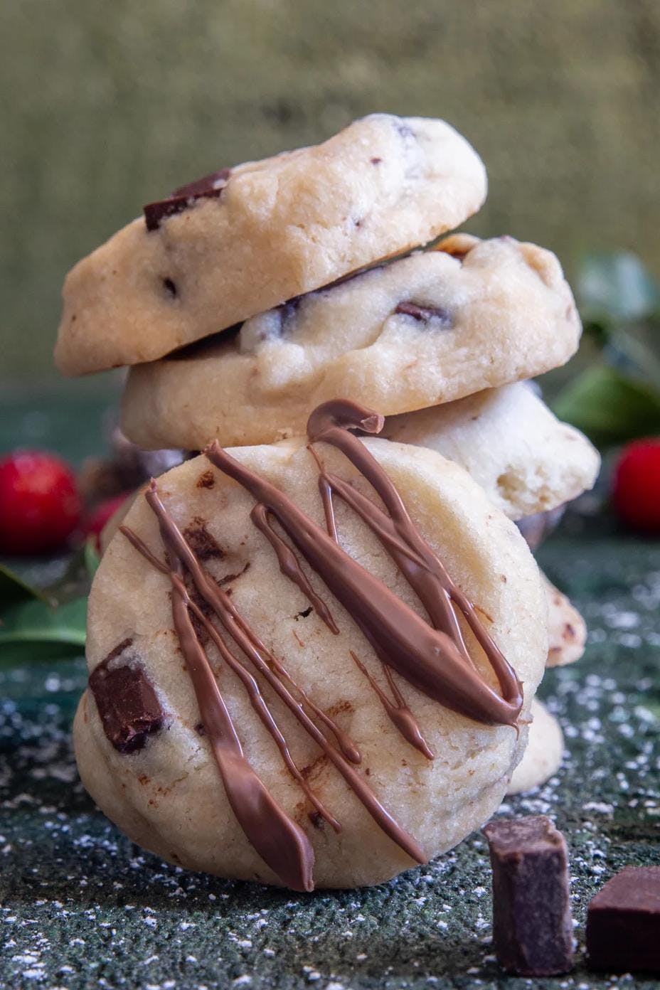 Chocolate chip shortbread cookies stacked.