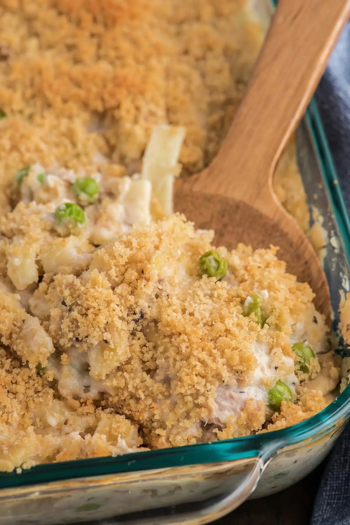 Tuna noodle casserole in a white pan.