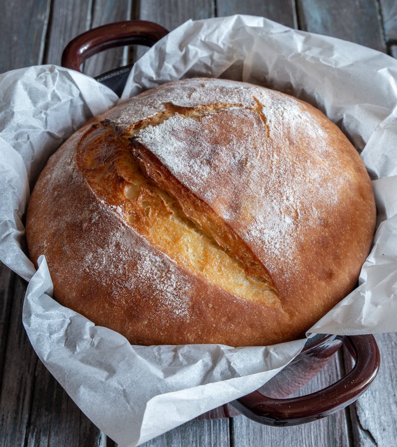 Loaf of bread in a dutch oven.