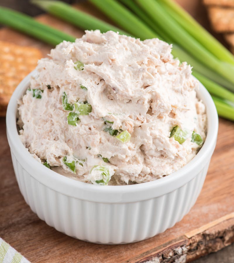 Easy smoked salmon spread in a white bowl.