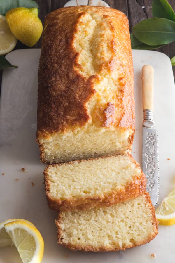 Best homemade lemon bread with 2 slices cut.