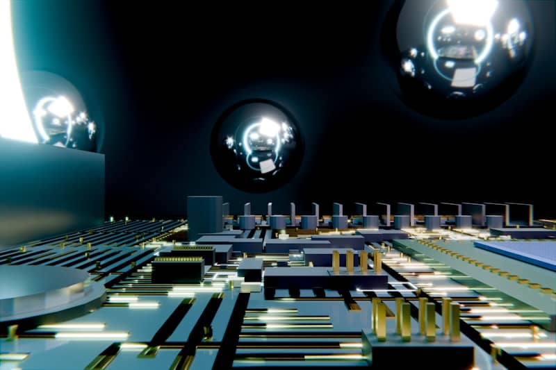 Abstract circuit board with glowing elements and reflective spheres.