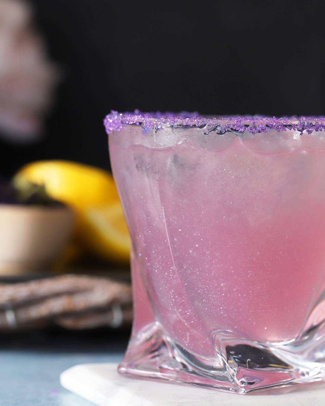 A glass of glittery Unicorn Lemonade. 