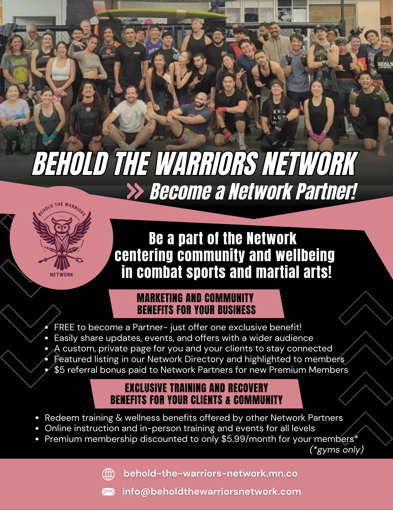 Flyer describing features of Behold the Warriors Network