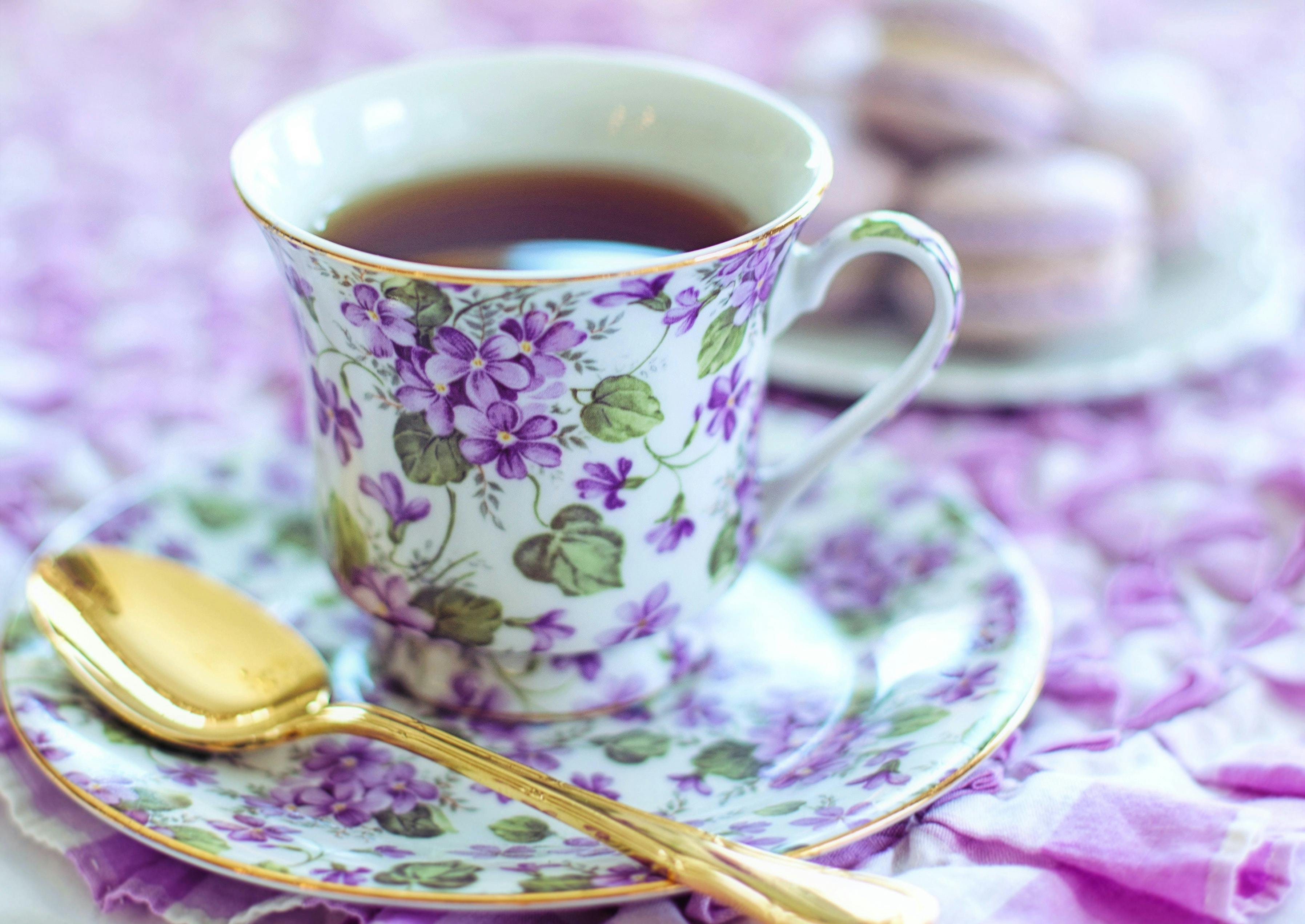 Photo by Jill Wellington: https://www.pexels.com/photo/white-and-purple-floral-ceramic-mug-on-saucer-3776948/