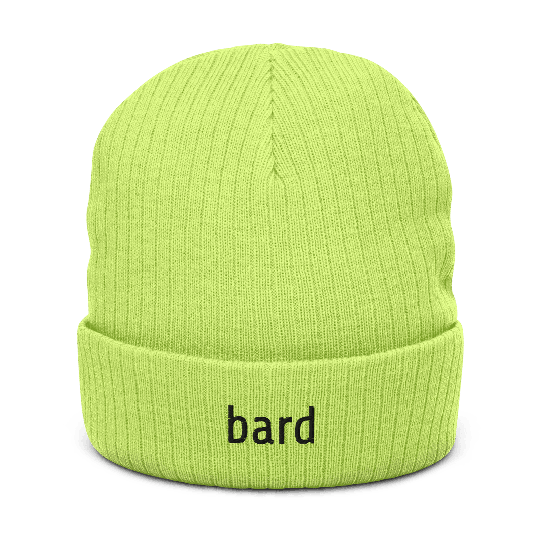 a lime green beanie with the word "bard" embroidered on the cuff in a black sans serif font