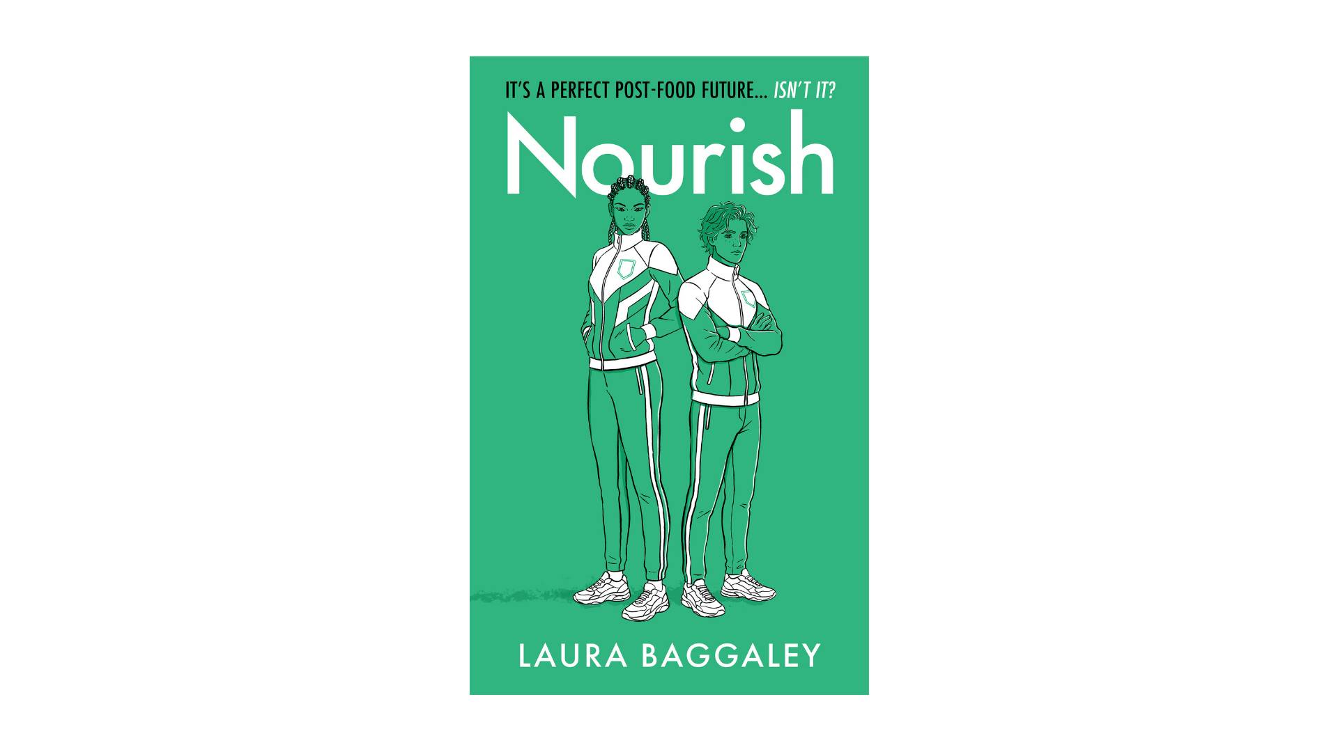Image of green book cover showing a two teenagers, a taller girl and slightly shorter boy, both wearing futuristic tracksuits.