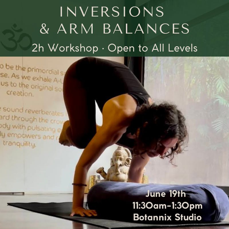 Workshop poster of Lou doing Crow pose