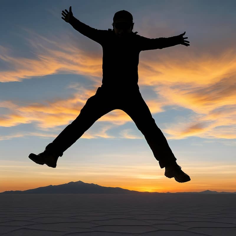 Silhouette of a person jumping against a sunset sky.