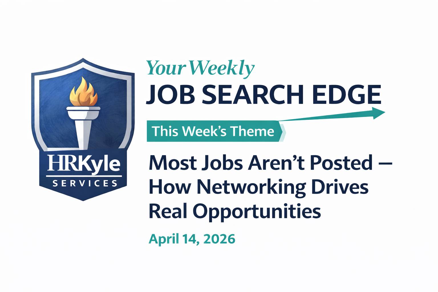 HRKyle Services “Your Weekly Job Search Edge” newsletter graphic for April 14, 2026, featuring the theme “Most Jobs Aren’t Posted — How Networking Drives Real Opportunities.”