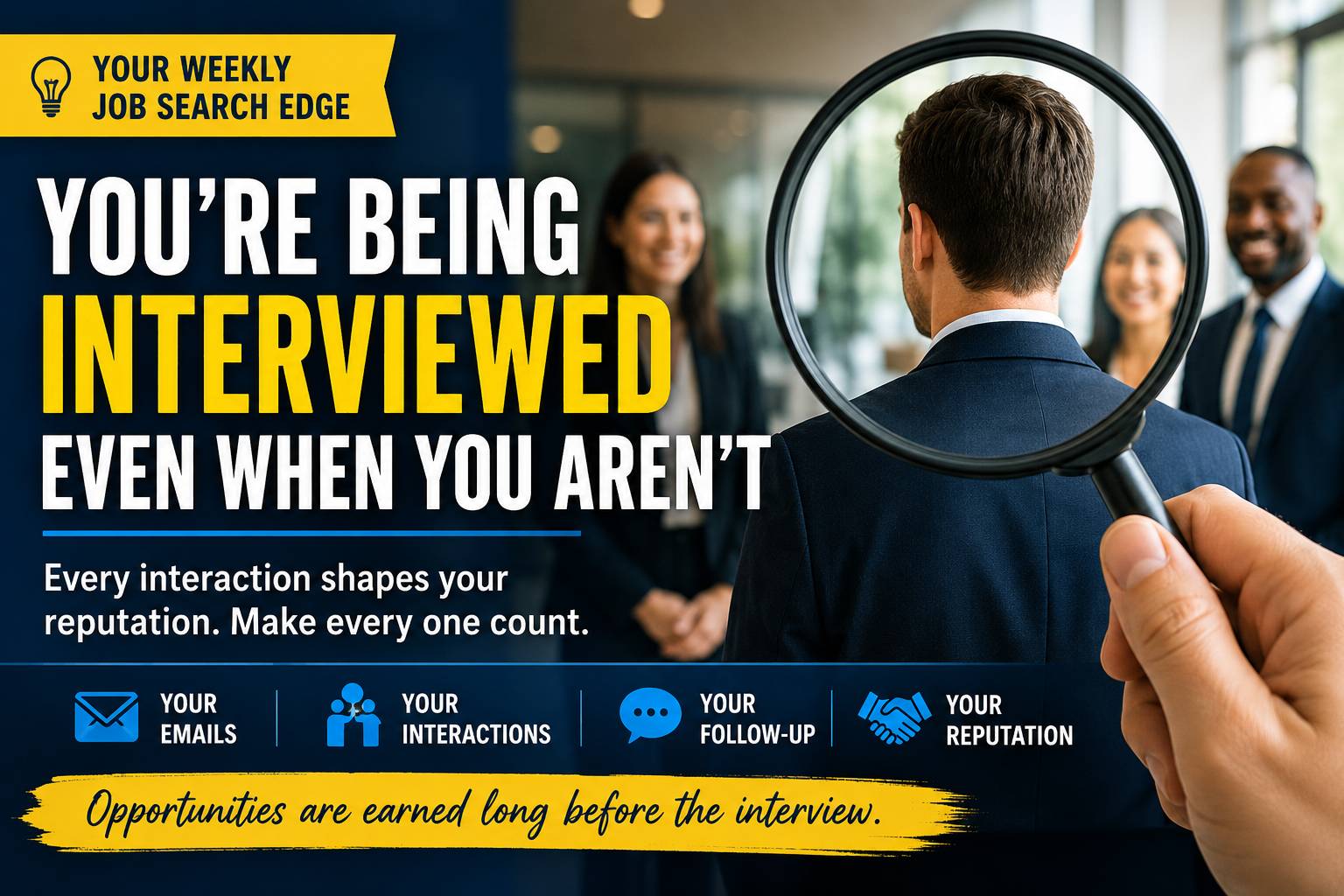 A professional newsletter thumbnail features the headline "You're Being Interviewed Even When You Aren't" in large white and gold text against a dark navy background. Beside the headline, a smiling job candidate sits across from an interviewer in a modern