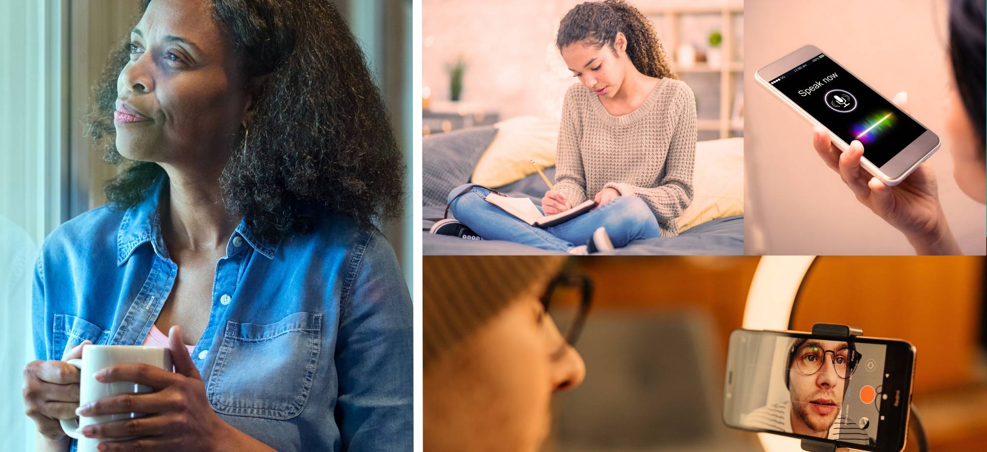 One person looking out a window with a thoughtful expression, a person writing or drawing in a journal, a person recording a voice memo on their phone, and a person filming themself on their phone.
